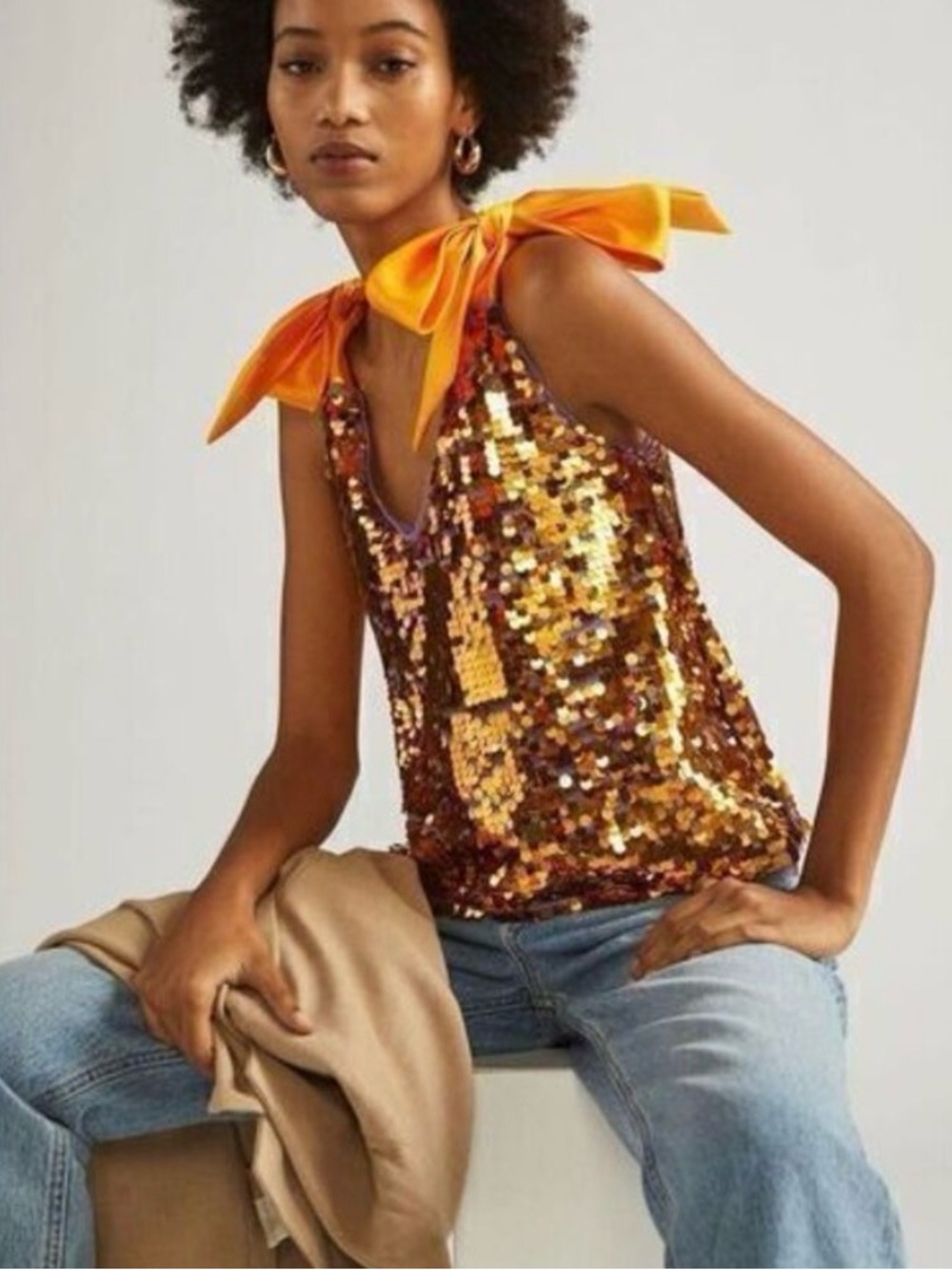Anthropologie Maeve Sequin Ribbon Tie Shoulder Top Medium Metallic Orange Purple